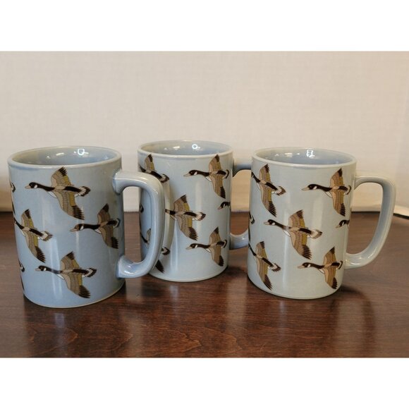 Set Of 3 Vintage Otagiri Japan Blue Coffee Mugs W/ Flying Geese Game Hunting - Picture 2 of 7